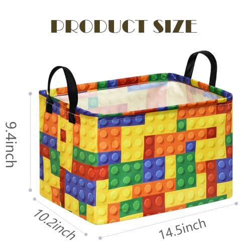 Image of Colorful Building Blocks Print Storage Basket, Waterproof Lining Organizer Bins, Leather Handles, Collapsible for Kids Toys, Clothes, Laundry, Gift Basket