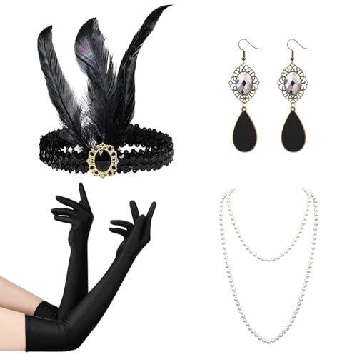 FeelfunFeather Women 1920s Flapper Set,Roaring 20s Headband Headpiece Costume Accessories with Necklace Earrings Gloves for Halloween Party Cosplay(Black-7)