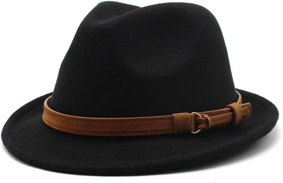 Classic Black Felt Fedora Hat with Brown Leather Band, Regular Fit