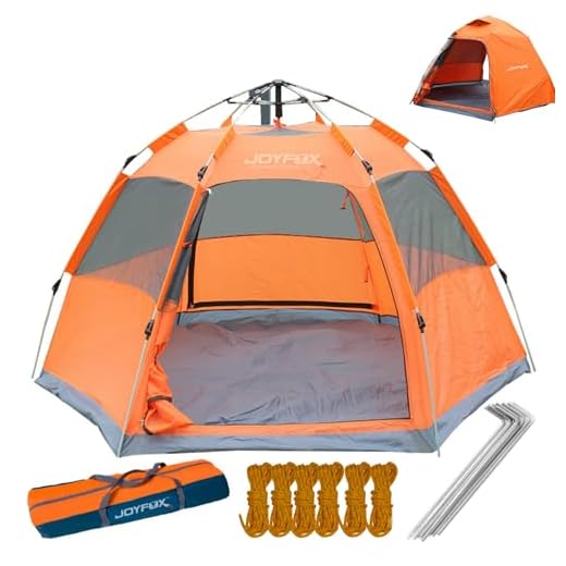 JOYFOX Barraca de Camping para 3-4 Pessoas Automática com 2 Portas e 4 Janelas, Tenda de Acampamento Pop-up, Automática, Resistente à água, Portátil, Leve, Praia, Mochilão, Caminhada (Laranja)