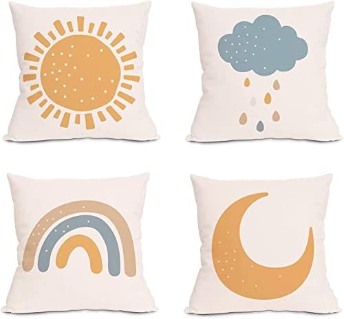 Ailansnug Boho Sun and Moon Clouds and Rainbows Kids Throw Pillow Case Modern Art Pillow Cover for Living Room Bedroom Home Minimalist Decorations 18"x 18", 4 Pack No Pillows