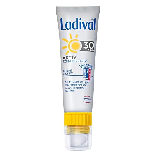 Ladival Aktivt solskydd för ansikte och läppar SPF 30 – parfymfri 2-i-1 solskyddsmedel med läppskyddsstift – utan färgämnen och konserveringsmedel – vattentät – 1 x 50 ml
