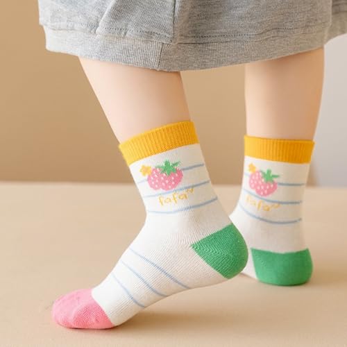5 Pairs Girls' Crew Socks for 1-14 Years Old for Spring Fall, Cute Cartoon Strawberry Mid Calf Socks for Kids Toddler3