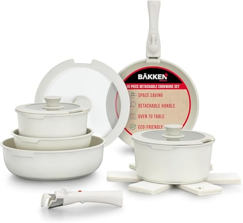 Image of Bakken 15-Piece Non-Stick Cookware Set with Detachable Handles – Granite Stackable Pots and Pans Set, Dishwasher Safe, Oven-Safe, and Compatible Kitchen Essential for All Stoves – Cream