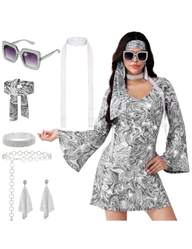 Spooktacular Creations 70s Costumes Women, Halloween Black Disco Dress with 70s Accessories for Halloween Costumes Cosplay and Dance Parties L