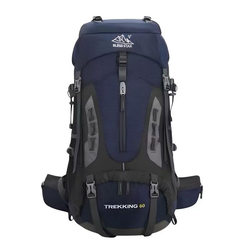 Mochila Cargueira de Trilha Trekking 60L Múltiplos Compartimentos Sistema de Ventilação Ideal para Camping Montanhismo Viagem Esportes Impermeavel (Azul Marinho)
