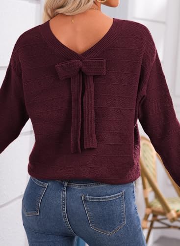 Image of EVALESS Sweaters for Women Long Sleeve Fall Outfits 2026 Back Bow Knot Sweaters Round Neck Solid Knit Pullover Tops