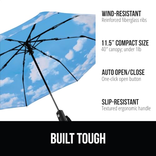 Image of GORILLA GRIP Compact Travel Size Umbrella for Rain, Sleek Design Fits Backpack, Purse and Carry On, Lightweight Under 1lb, One Click Open and Close, Wind Resistant, Durable Waterproof, Sky Blue