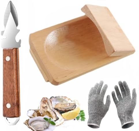 Oyster Shucker Kit,include Oyster Shucking Knife,Wood Oyster Clamp and a Pair of Cut-Resistant Gloves,Oyster Shucking Set Suitable for All Kinds of Oysters and Shells