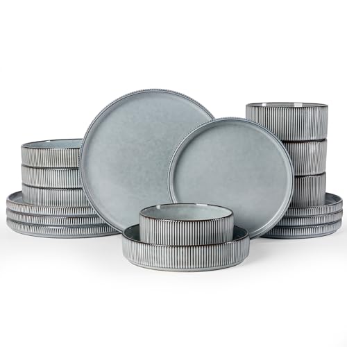 Image of Famiware Star 16-Piece Stoneware Dinnerware Sets, Service for 4 - Shallow Pasta Bowls & Flat Plates, Modern Rustic Reactive Glaze Dishes, Chip /Scratch Resistant, Microwave /Dishwasher Safe, Smoky Blue