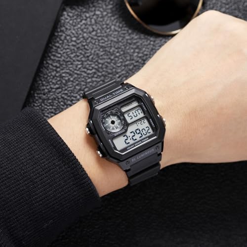 Image of PASOY Men's Digital Multi-Function Watches Dual Time Alarm Stopwatch Countdown Backlight Waterproof Watch