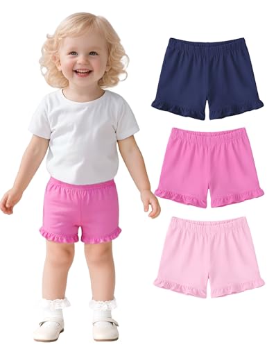 ZUEMET 3 Pack Baby Girls Ruffle Shorts Toddler Cotton Dance Shorts Soft Summer Clothes Size 2T Navy Blue+Rose Red+Pink