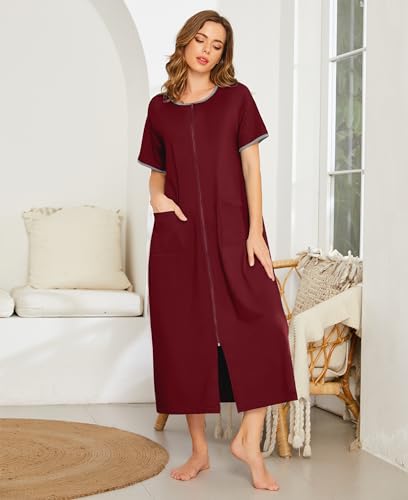 Image of Ekouaer Women Robe Zipper Short Sleeves Full Length House Coat with Pockets