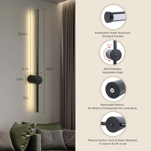 Image of Battery Operated Wall Sconces Set of 2, Rechargeable Wireless LED Wall Lights with Remote Control, Dimmable & 360 Rotatable, Modern Indoor Wall Lamp for Bedroom, Living Room, Hallway(40In)