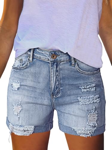 Sovoyontee Damen Hohe Taille Denim Kurze Hose Ausgefranste Distressed...