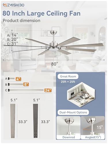 Image of ZMISHIBO 80 inch Brushed Nickel Modern Ceiling Fans with Lights and Remote, Indoor /Outdoor Ceiling Fan for Living Room Patio, 6 Speed Reversible Quiet DC Motor, 3 CCT, Dual Finish Blades