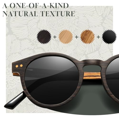 SUNGAIT Round Wood Sunglasses Womens Polarized Vintage Oak Wooden Shades w. Vegan PU Leather Case2