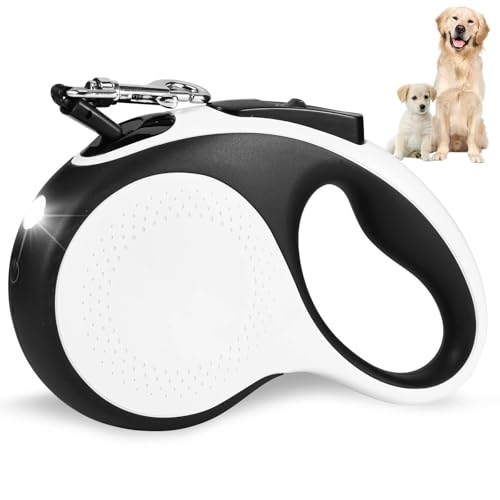 Viitech Hundeleine 5m, 360° Verknotungsfreier Flexi Leine mit LED-Licht, Rollleinen für Hunde Einziehbares Zugseil mit Rutschfestem Griff für mittelgroße große Hunde bis zu 30 kg (Blanco)