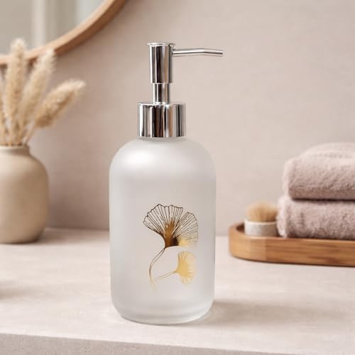 Image of Luxe Home International Flower Print Glass Soap Dispenser for Bathroom and Kitchen Sink Leak Proof Liquid Hand Wash Round Bottle Lightweight Smooth Finish (19.5x7.5 cm White) Pack of 1