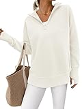 PRETTYGARDEN Womens Long Sleeve Quarter Zip Pullover Sweater Casual Loose V Neck Collared Ribbed Knit Jumper Tops Thumb Hole(White,Large)