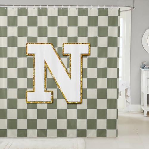 Image of Erosebridal Sage Green Checkered Shower Curtain 72 inch Wx84 L Plaid Initial N Bathroom Curtain Personalized Monogram Bathroom Accessories for Kids Adults,Fashion Grids Gingham Shower Decor