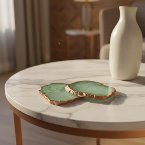 Image of Pack of 2 Agate Stone Rose Gold Plated Coaster | Tea Coaster for Dining Table | Coasters for Cups Set | Dining Table Decorative Item for Table | Vintage Handmade Coasters | Green