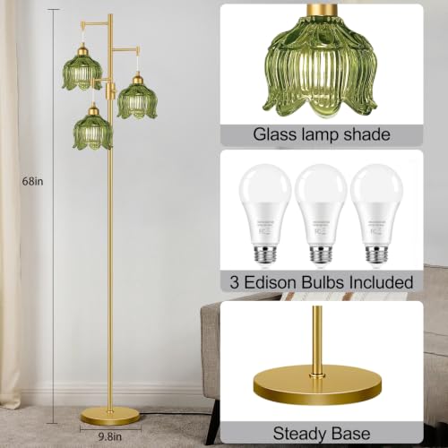 Image of Vintage Floor Lamps for Living Room 3 Light Glass Floor Lamp with 3 Color Temperatures, Dimmable Green Floor Lamp Gold Mid Century Modern Standing Lamp Tall Tree Flower Floor Lamp for Bedroom Corner