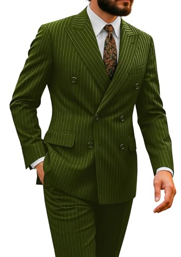 Men's 2 Pieces Pinstripe Men Suits Slim Fit 2 Button Double Breasted Suit Blazer Jacket Vest Pants Set