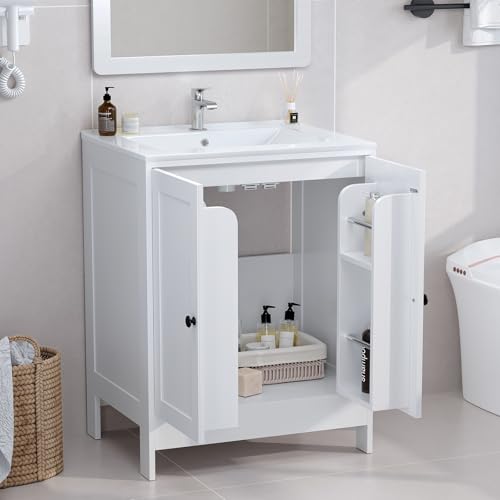 VINGLI Bathroom Vanity with Ceramic Sink, 24 Inch White Bathroom Sink Cabinet Combo, Restroom Basin Cabinet with 2 Doors,Modern Lavatory Laundry Room Freestanding Organizer w/4-Tier-Hidden Storage