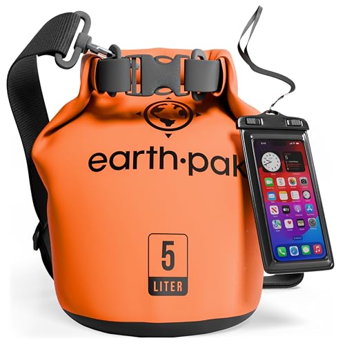 Earth Pak Bolsa Seca Impermeable de Serie Torrent para Kayak, canotaje, Senderismo, Camping y Pesca con Estuche para teléfono a Prueba de Agua (Naranja, 5L)