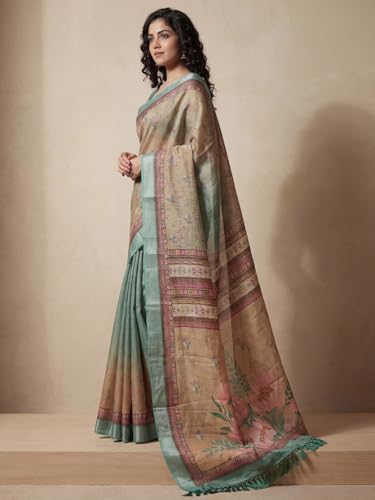 Image of AKHILAM Women's Floral Printed Handloom Cotton Silk Saree with Zari Border and Tassel Pallu Unstitched Blouse Piece | Traditional Ethnic Wear Sarees | Women saree silk | Festive Sari Women's