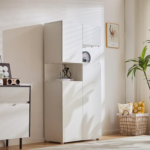 Lexiou Vitrina con iluminación LED, armario alto con acrílico transparente, blanco, armario de pie, armario multiusos para salón, oficina, cocina, almacenamiento abierto, 80 x 38 x 170 cm