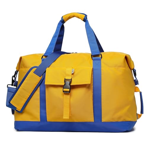 SUNNY BIRD Duffel with Utility Pouch, 40L Weekender Overnight Bag with Shoe Compartment for Travel and Sports (Yellow and blue) by SUNNY BIRD - Used condition - US$28.13