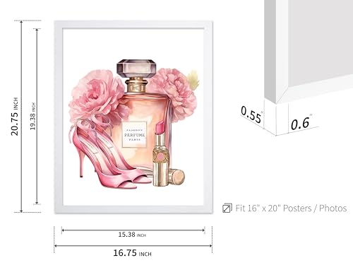 Image of Poster Master Pink Designer Print - Fashion Poster - Shoes, Lipstick & Perfume Art - Chic Gift for Women & Fashionista - Glam Decor for Bedroom or Girl's Room - 16x20 White Framed