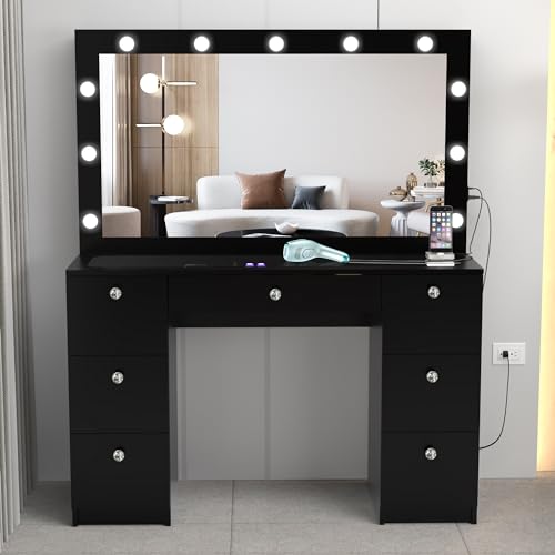 Boahaus Yara Large Bedroom Makeup Vanity Desk with Mirror and Lights, 7 Drawers, Glass Top, USB Port, Crystal Knobs, Black Big Vanity Makeup Desk, Built-in Lights, 56'' H x 46.3'' W x 14.6'' D