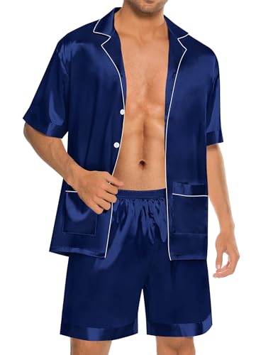 SWOMOG Mens Silk Pajama Set 2 Pieces Short Sleeve Soft Satin Sleepwear Button Down Pj