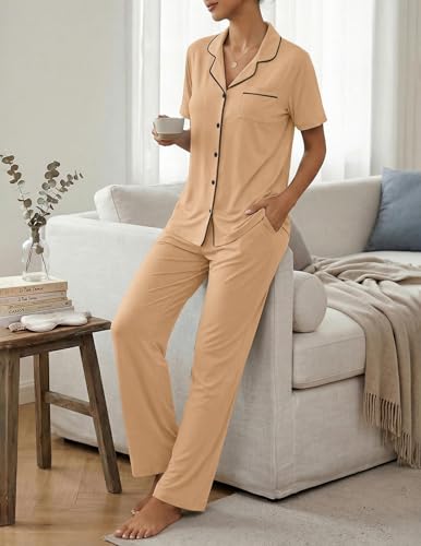 Image of ZMJ Womens Pajamas Sets 2 Piece Button Up Pj Sets Short Sleeve with Long Pant