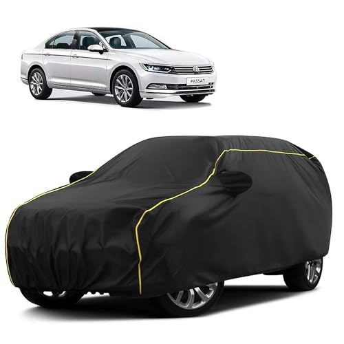 Image of Sulfar 100% Water Resistant Car Body Cover Compatible with Mirror for Volkswagen Passat (Triple Stitched, Full Bottom Elastic, Black Taffeta with Yellow Piping)