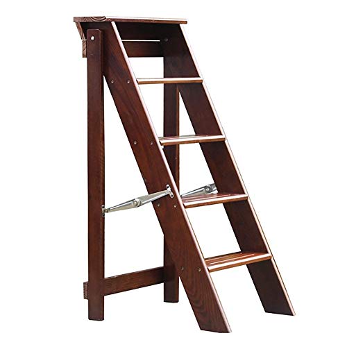 DUANHOZ Taburete Plegable Multifuncional, Escalera Plegable de 5 peldaños, Taburete de Madera Maciza, Silla Escalera de Madera para el hogar, Cocina o Biblioteca. Ahorra Espacio.