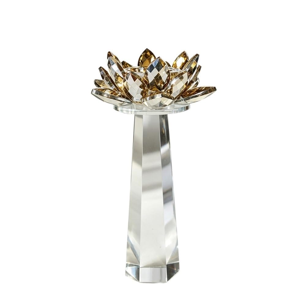 Huffa Gold L Crystal Hexagonal Lotus Candlestick Home Decor Tabletop Ornament Craft