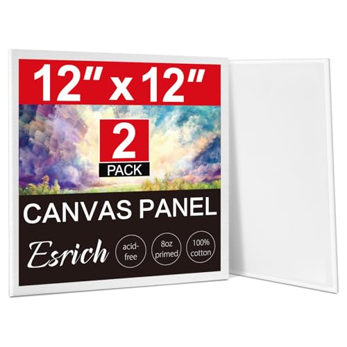 ESRICH Canvas for Painting 2 Pack Square Canvas Boards for Painting 12x12 100% Cotton Primed Acid Free Blank Canvas Panels for Oil Paint Watercolor Acrylic Paint Gouache and Tempera.