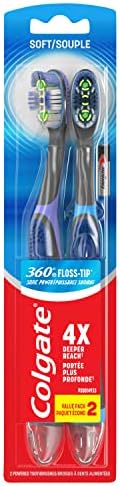 Colgate 360 Floss Tip Battery Powered Toothbrush, Sonic Toothbrush With Soft Bristles, Tongue Cleaner Helps Remove Bacteria, Great for Travel, Includes 1 AAA Battery Total, 2 Pack