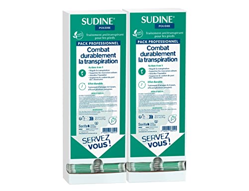 SORIFA - Lote de 2 - Sudine Polvo Tratamiento Antitranspirante - Pie - Regula el sudor - Absorbe - Previene micosis - Sin sales de aluminio - Fabricado en Francia - Bte 100 bolsitas dobles