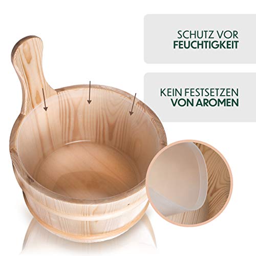 CozyNature® Sauna Eimer mit Kelle aus hochwertigem finnischen Kiefern-Holz | Sauna Zubehör, Saunakübel, Aufgusseimer | Kunstoffaufsatz inklusive - 4 Liter (Sauna Eimer + Kelle + Kunststoffaufsatz)