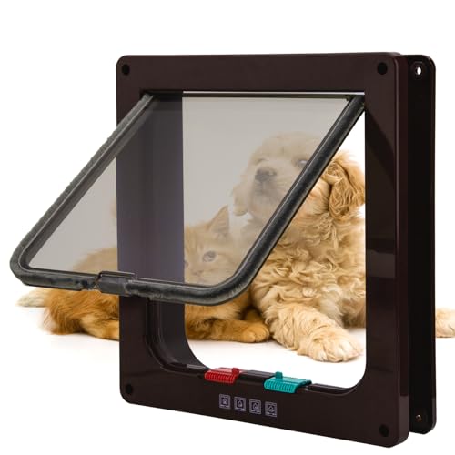 TKOOFN Gattaiola per Cani - Chiusura a 4 vie Portas per Gatti Porta per Animali Domestici Porta per Gattini, Cani di Piccola Taglia,Entrata e Uscita Controllabile (Marrone, L - 23,5 x 25 x 5,5 cm)
