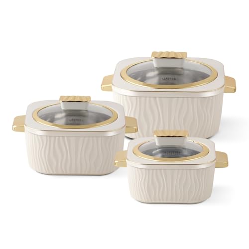 Image of JAYPEE Crinkle Klass Inner Stainless Steel Casserole Set of 3(1000+1500+2000) ml PUF Insulated Gold Finish Handle Lockable Lid BPA Free Hot Box for Kitchen Roti Box Hot Pot Serving Casserole,White