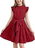 Picture of blibean Girl Short Sleeve Dress Tween Kid Summer Boho Ruffle Dresses Preteen Tiered Swing Outfit Solid Flowy Formal Party Fancy Clothes Size 6-7 Years Medium Red