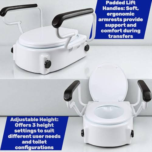Image of Veayva Adjustable Toilet / Commode Seat Raiser With Lift Handles - 3 Adjustable Heights Raised Toilet Seat With Padded Arms For Handicapped - Medical Handicap Bathroom Safety Chair - 300 Lbs., White
