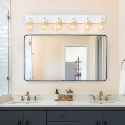 Image of IZORRO Bathroom Light Fixture White, Clear Glass Shade 46-Inch 6-Light