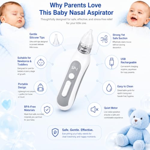 Image of ONESTA Electric Baby Nasal Aspirator | USB Rechargeable Nose Sucker with 3 Adjustable Suction Levels | 3 Soft Silicone Tips | Gentle Nose Cleaner for Newborn, Infant & Toddler